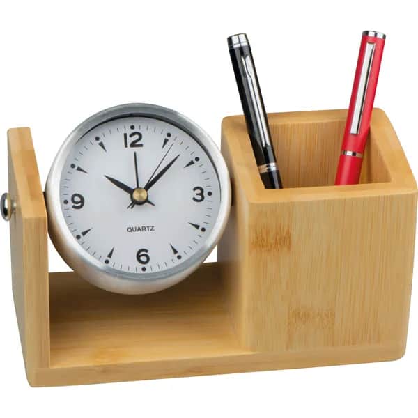 Stifteköcher aus Bambus mit analoger Uhr VERNON - beige