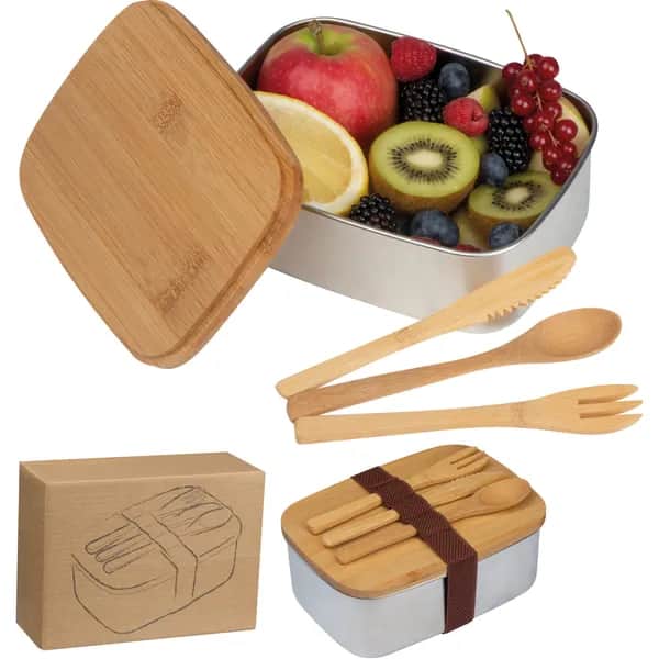 Große Brotzeitbox mit Bambusdeckel und elastischem Band JULIANA - beige