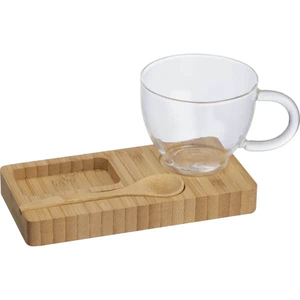 Servierbrett mit Bambuslöffel und Glastasse, 150ml ROSA - beige