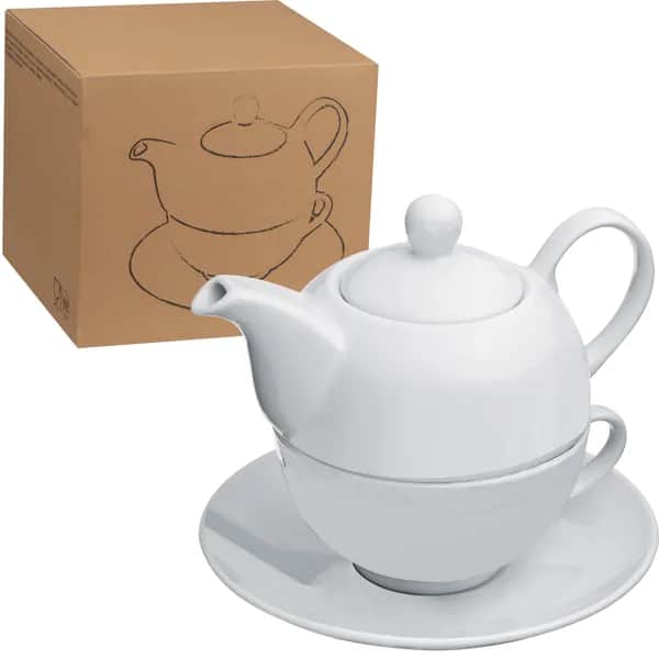 Teekanne mit Tasse und Untersetzer aus Porzellan ELIAS - weiss