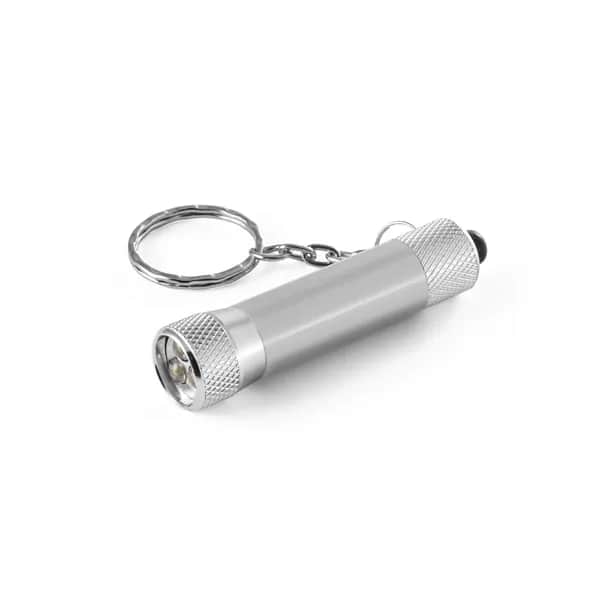 Schlüsselanhänger aus Aluminium (92% recycelt) mit 3-Licht-LED-Taschenlampe - RE-LERGAN - Satinsilber