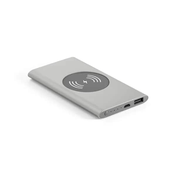 Powerbank 4000 mAh mit 5W wireless Ladegerät aus Recyceltes Aluminium (100 % rAL) - CASSINI - Satinsilber