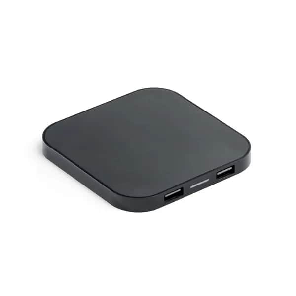 Superschnelles 15W wireless Ladegerät mit HUB 2 USB-A Anschlüssen aus Recyceltes ABS (60% rABS) - CAROLINE - Schwarz