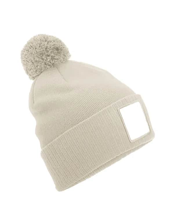 Appliqué Patch Pom Beanie - Oatmeal/White
