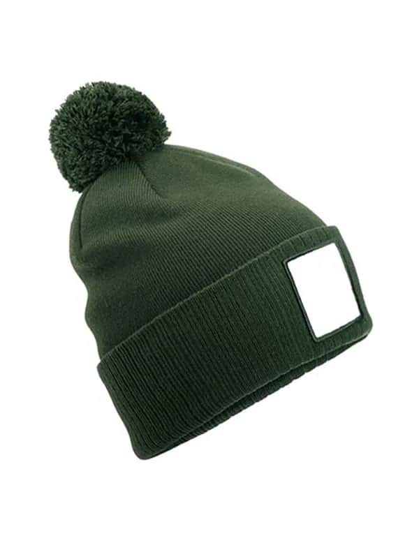 Appliqué Patch Pom Beanie - Olive Green/White