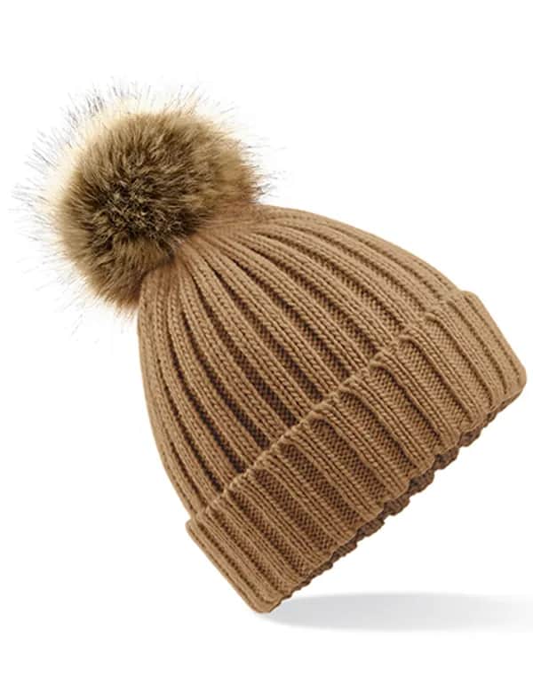 Faux Fur Pop Pom Chunky Beanie - Biscuit