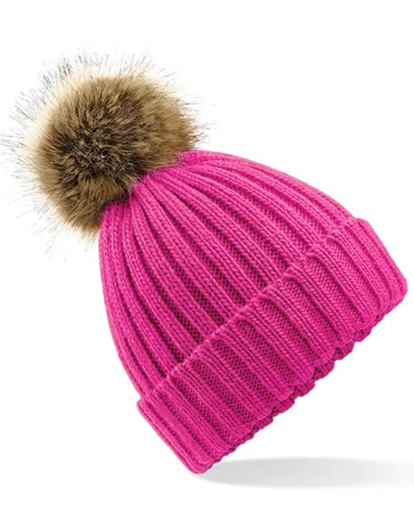 Faux Fur Pop Pom Chunky Beanie - Fuchsia