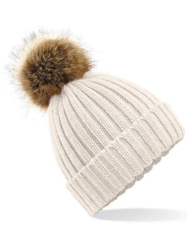 Faux Fur Pop Pom Chunky Beanie - Oatmeal