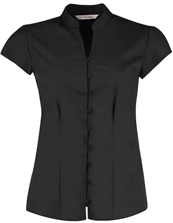 Tailored Fit Mandarin Collar Poplin Blouse Cap Sleeve - Black