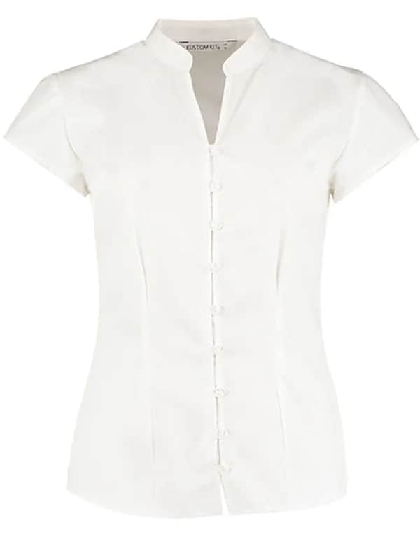 Tailored Fit Mandarin Collar Poplin Blouse Cap Sleeve - White