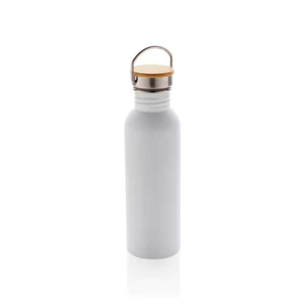 Moderne Stainless-Steel Flasche mit Bambusdeckel - weiß