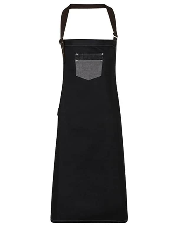 Division Waxed Look Denim Bib Apron With Faux Leather - Black Denim (ca. Pantone 433C)