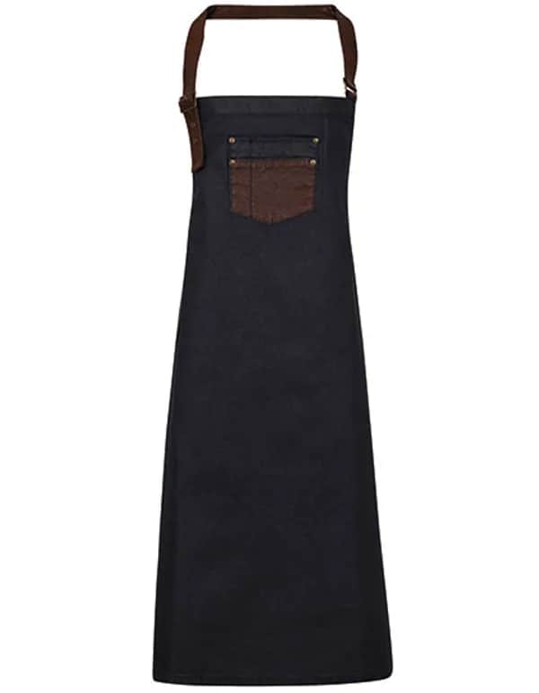 Division Waxed Look Denim Bib Apron With Faux Leather - Indigo Denim (ca. Pantone 2767C)