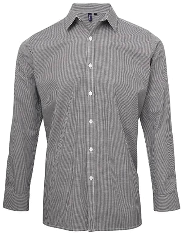 Men´s Microcheck (Gingham) Long Sleeve Cotton Shirt - Black (ca. Pantone Black C)/White