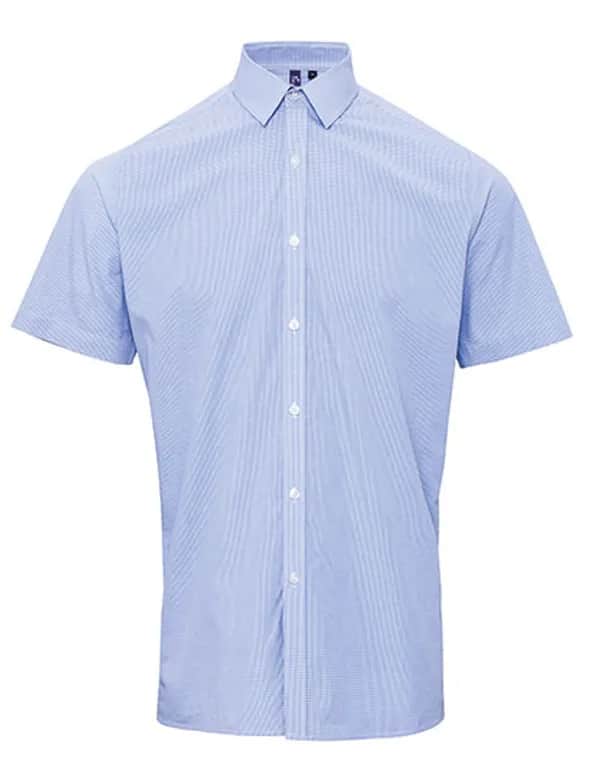 Men´s Microcheck (Gingham) Short Sleeve Cotton Shirt - Light Blue (ca. Pantone 2717C)/White