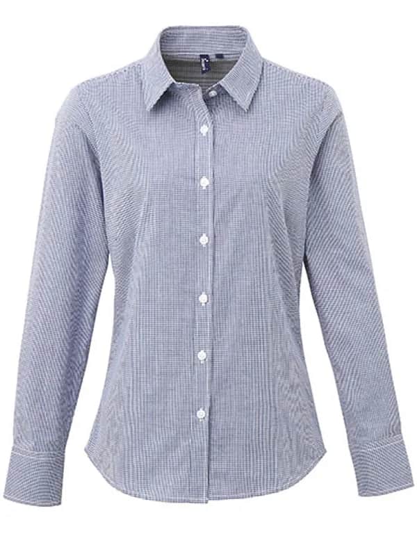 Women´s Microcheck (Gingham) Long Sleeve Cotton Shirt - Navy (ca. Pantone 2766C)/White