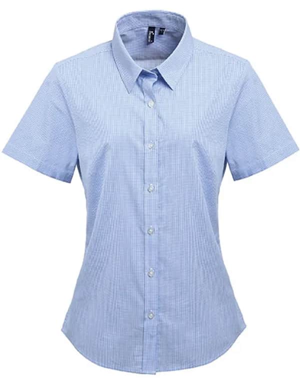 Women´s Microcheck (Gingham) Short Sleeve Cotton Shirt - Light Blue (ca. Pantone 2717C)/White
