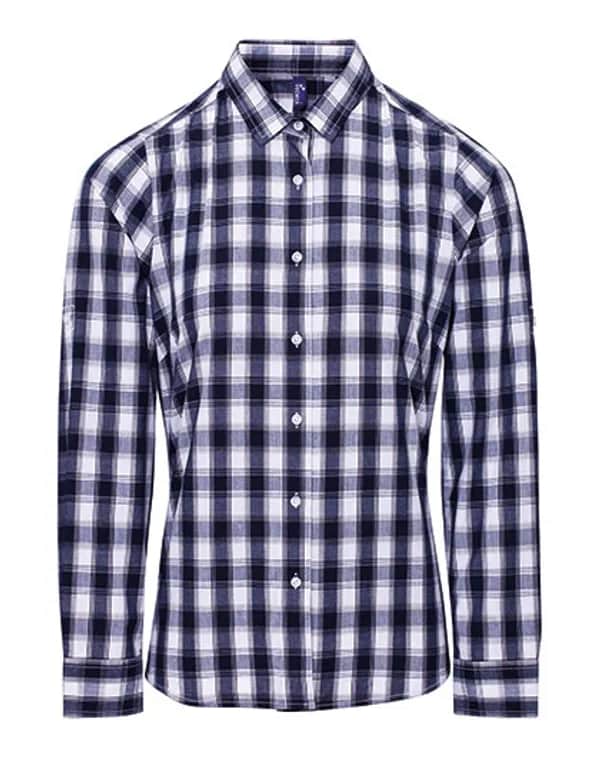 Women´s Mulligan Check Cotton Long Sleeve Shirt - White/Navy (ca. Pantone 2378C)