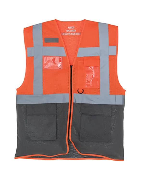 Hi-Vis Top Cool Recycled Open Mesh Executive Waistcoat - Hi-Vis Orange/Grey