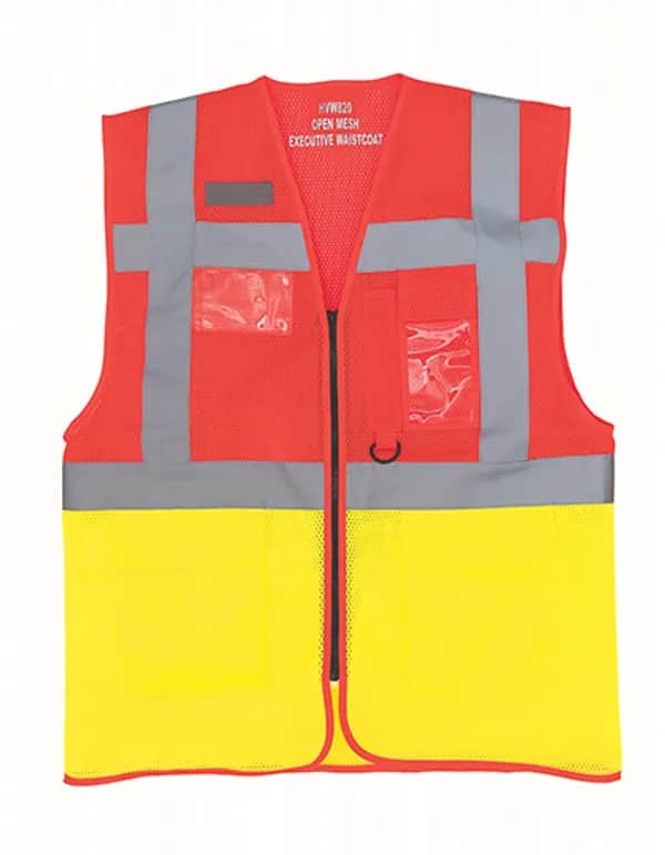 Hi-Vis Top Cool Recycled Open Mesh Executive Waistcoat - Red/Hi-Vis Yellow