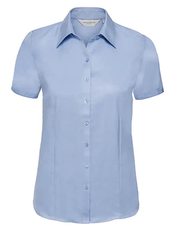 Ladies Short Sleeve Tailored Herringbone Shirt - Light Blue