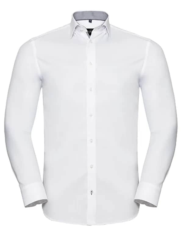 Mens Long Sleeve Tailored Contrast Herringbone Shirt - White/Silver/Convoy Grey