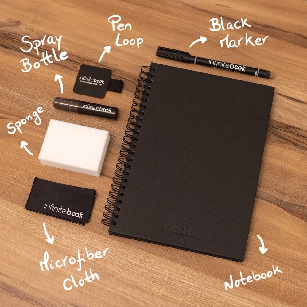 Set bestehend aus einem Infinitebook mit Hardcover, einem Reinigungsset, einem Marker und einem Halter für Kugelschreiber - STARTER KIT INFINITEBOOK A5 PLANNER TEXTURE - Schwarz