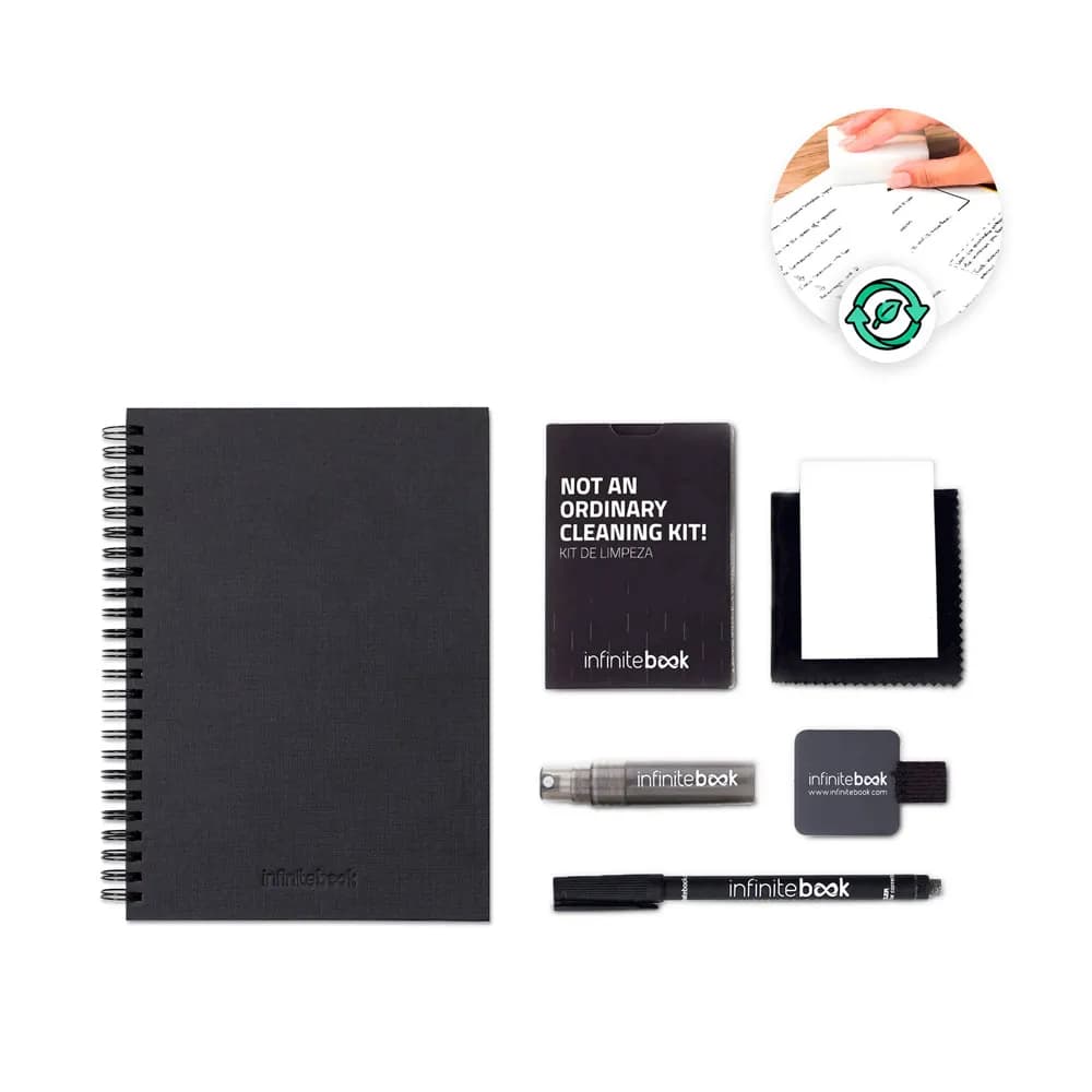 Set bestehend aus einem Infinitebook mit Hardcover, einem Reinigungsset, einem Marker und einem Halter für Kugelschreiber - STARTER KIT INFINITEBOOK A5 PLANNER TEXTURE - Schwarz