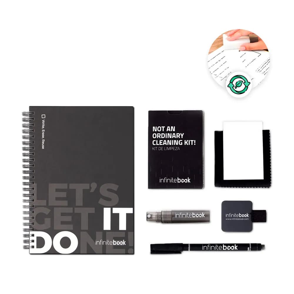 Set bestehend aus einem Infinitebook mit Hardcover, einem Reinigungsset, einem Marker und einem Kugelschreiberhalter - STARTER KIT INFINITEBOOK - Schwarz
