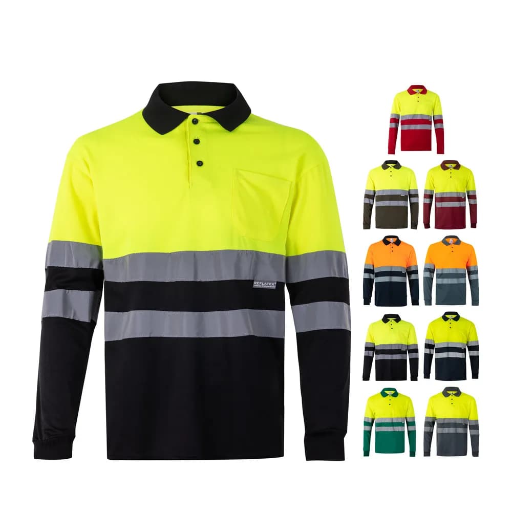 Zweifarbiges Poloshirt im Bird-Eye-Design (160g/m²) mit langen Ärmeln, aus Polyester (100%) - VL VULCAN - Schwarz