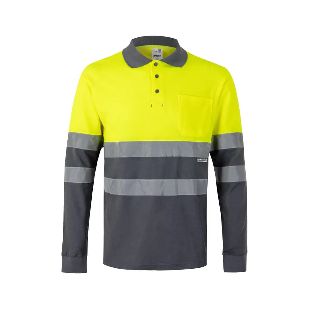 Zweifarbiges Piqué-Poloshirt (150g/m²) mit langen Ärmeln, aus Baumwolle (55%) und Polyester (45%) - VL PLUTO - Grau