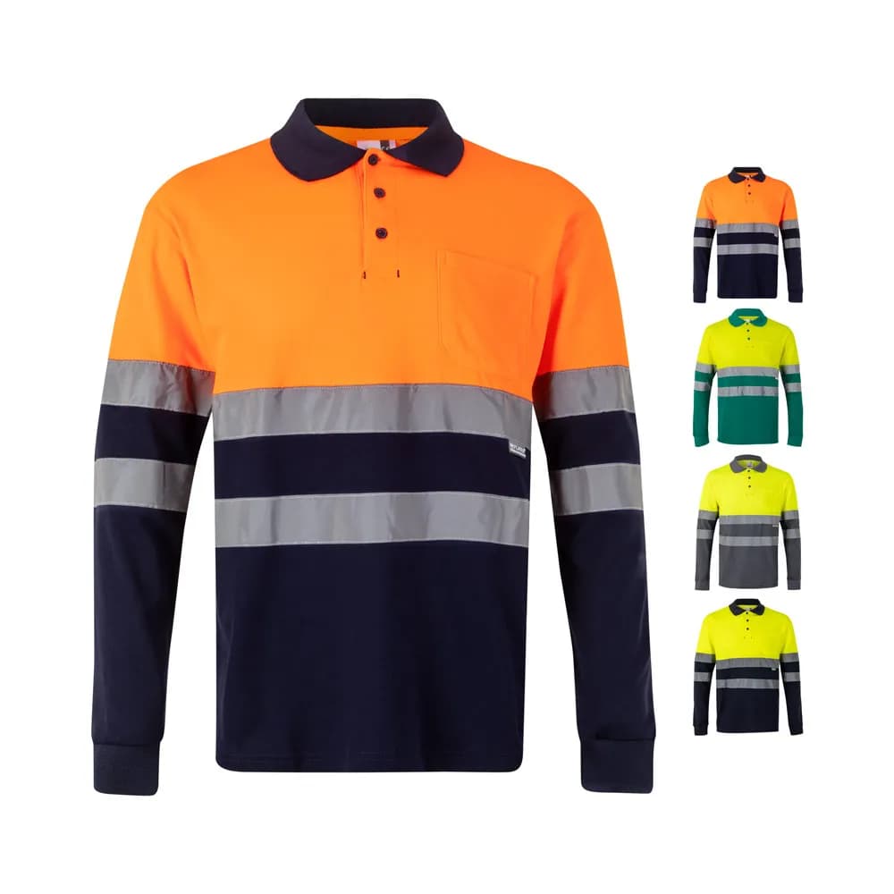 Zweifarbiges Piqué-Poloshirt (150g/m²) mit langen Ärmeln, aus Baumwolle (55%) und Polyester (45%) - VL PLUTO - Marineblau