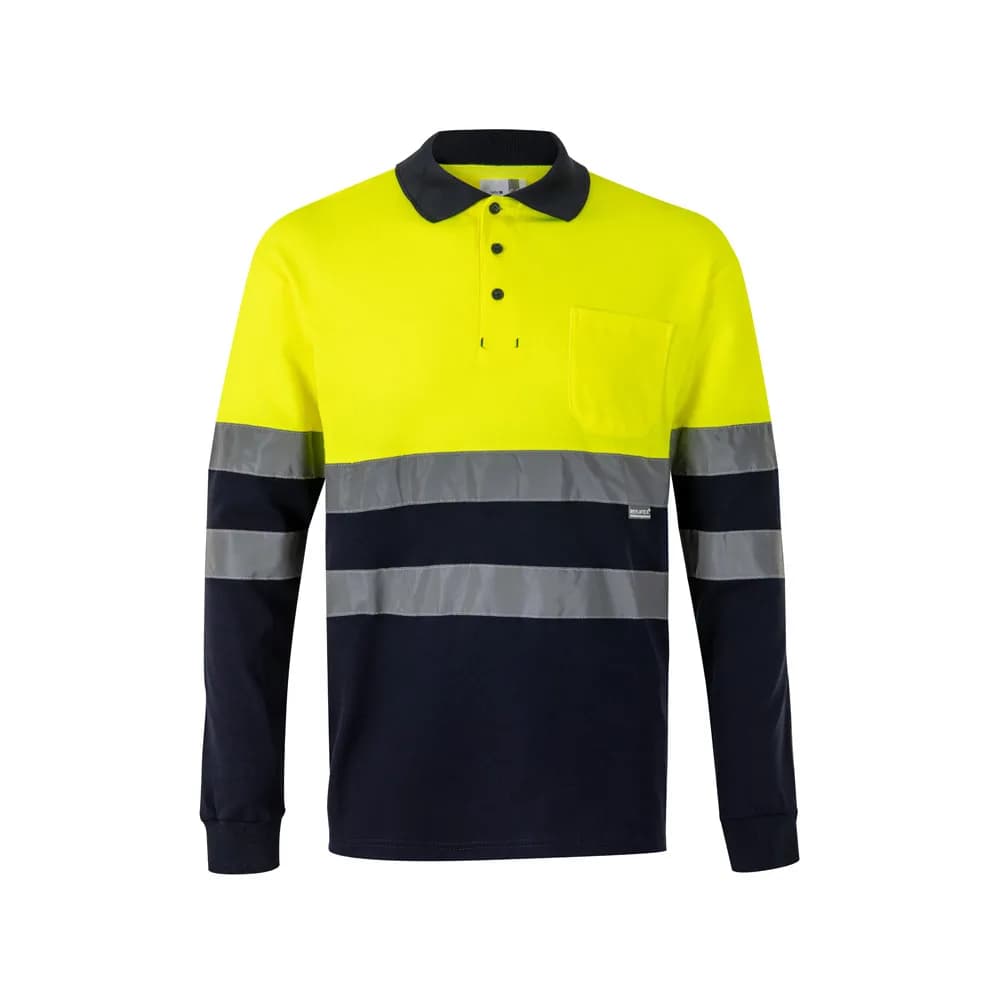 Zweifarbiges Piqué-Poloshirt (150g/m²) mit langen Ärmeln, aus Baumwolle (55%) und Polyester (45%) - VL PLUTO LARGE - Marineblau