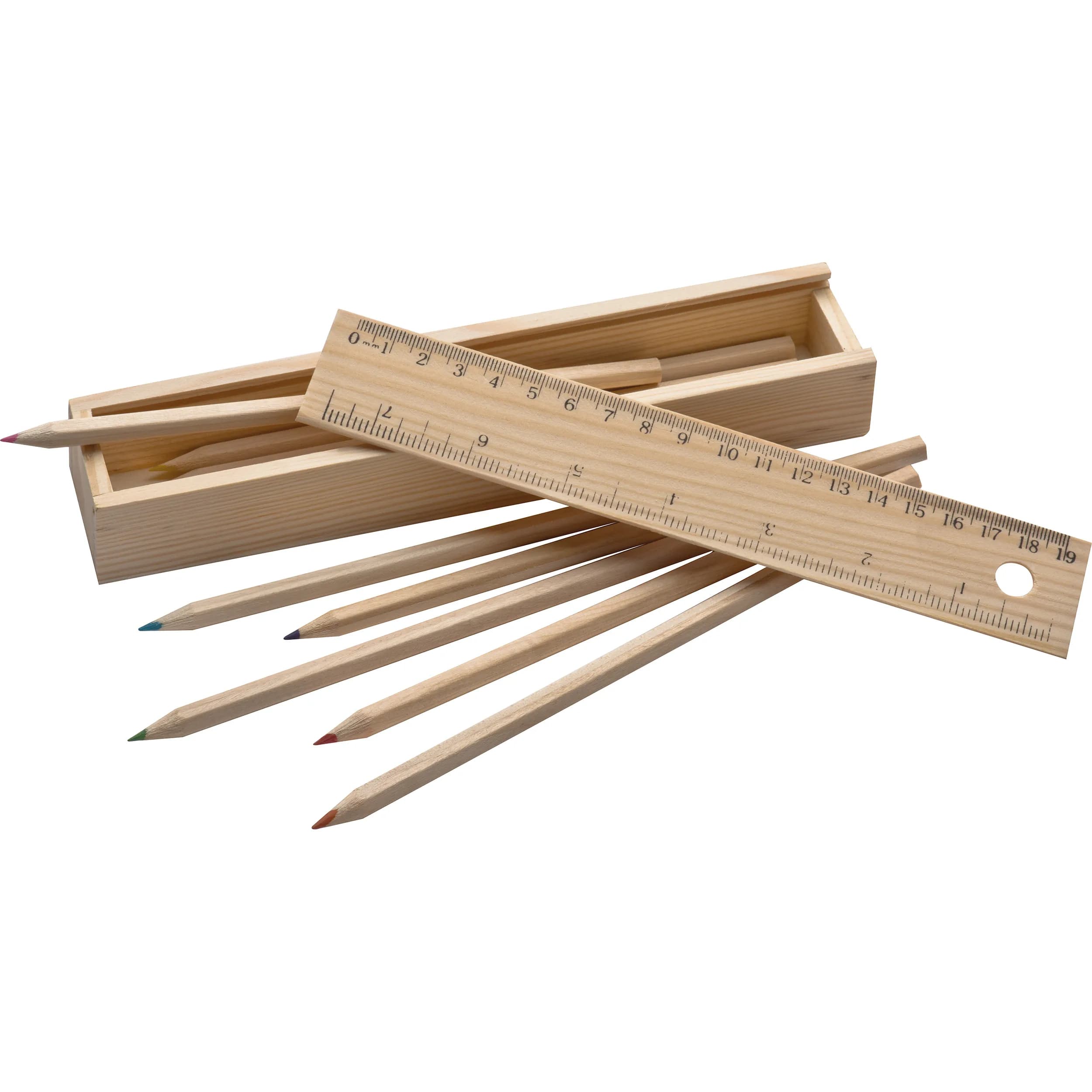Holzbox mit 8 Buntstiften und Lineal ADELE - braun