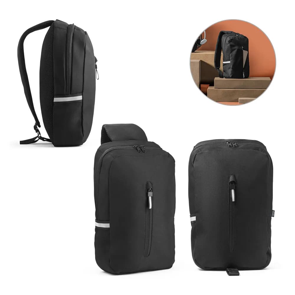 Rucksack mit einem Schultergurt aus 300D recyceltem Polyester und 600D recyceltem Polyester, mit 210D-Futter aus recyceltem Polyester - DELFOS - Schwarz
