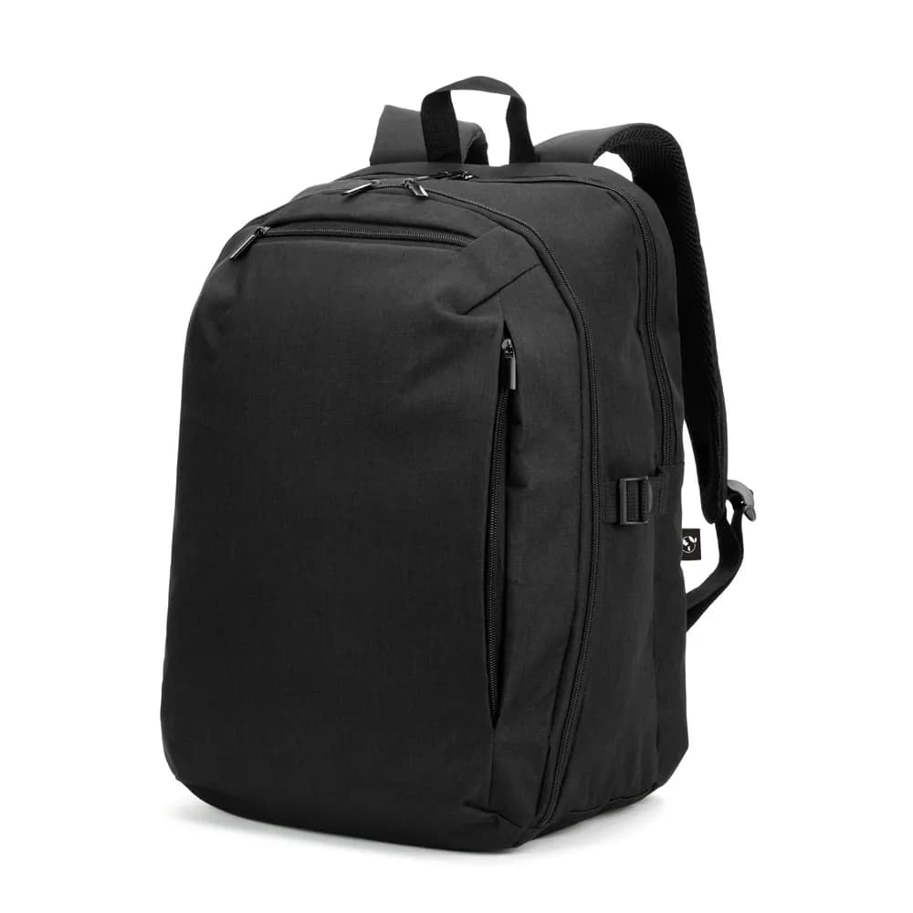 Rucksack mit komplett öffnendem Fach aus recyceltem 300D Polyester, 16 - UDINE - Schwarz