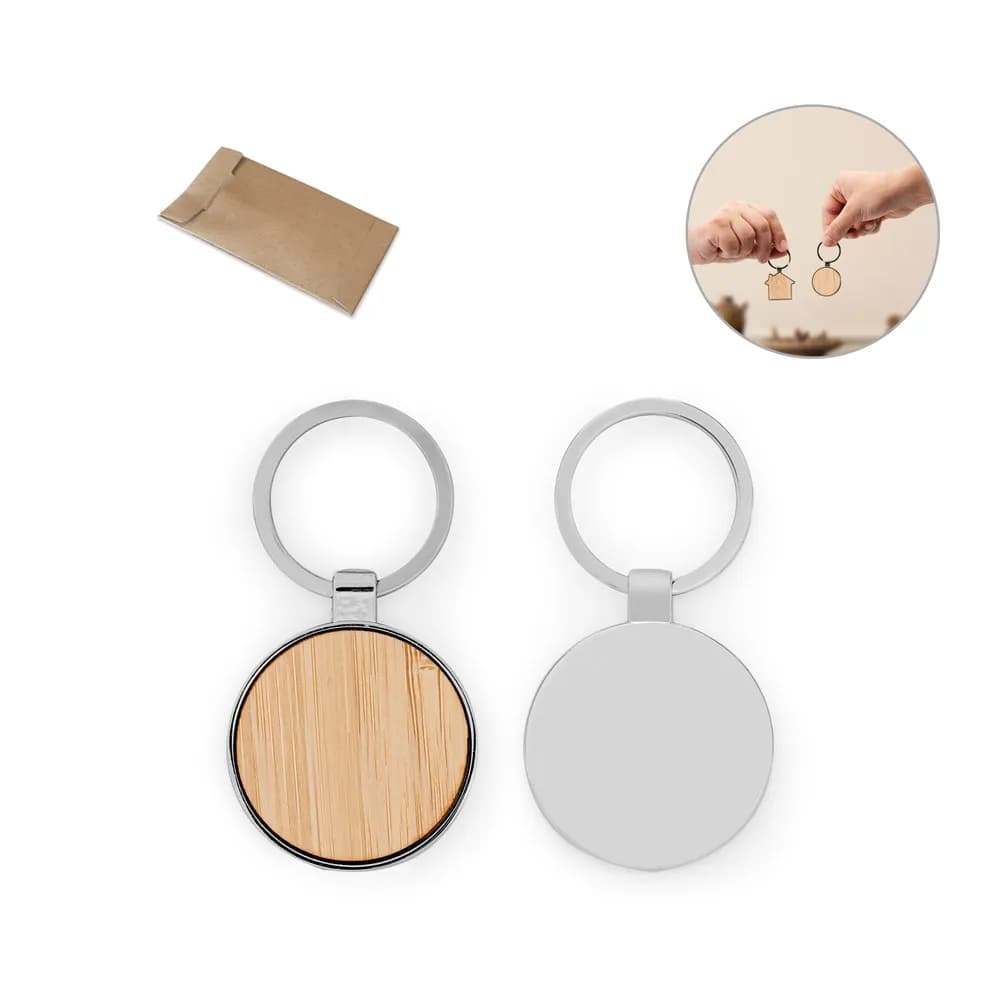 Schlüsselanhänger aus Eisen in runder Form aus Zink und Bambu - GASTON ROUND - Natur