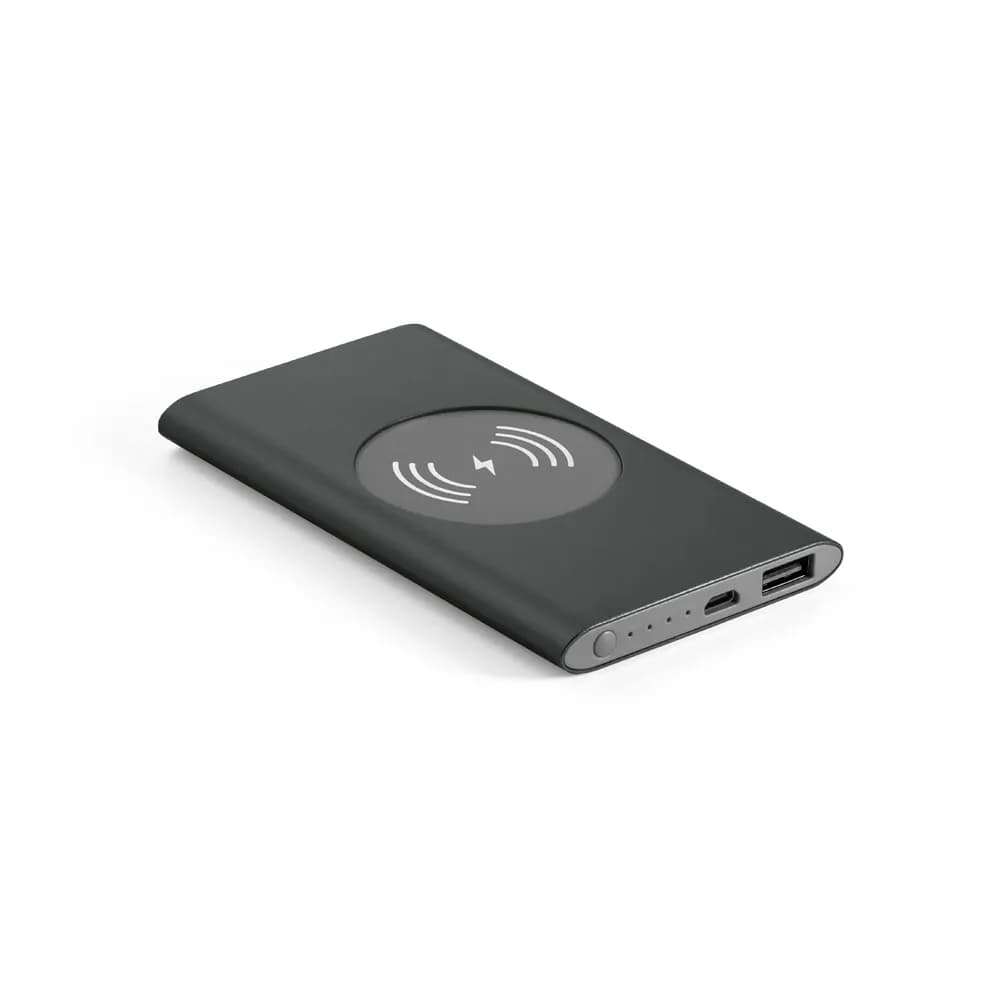Powerbank 4000 mAh mit 5W wireless Ladegerät aus Recyceltes Aluminium (100 % rAL) - CASSINI - Schwarz