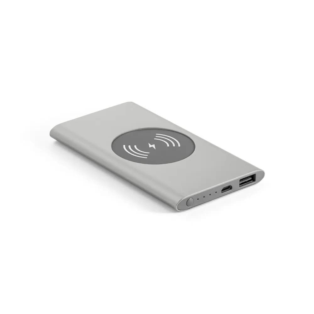 Powerbank 4000 mAh mit 5W wireless Ladegerät aus Recyceltes Aluminium (100 % rAL) - CASSINI - Satinsilber