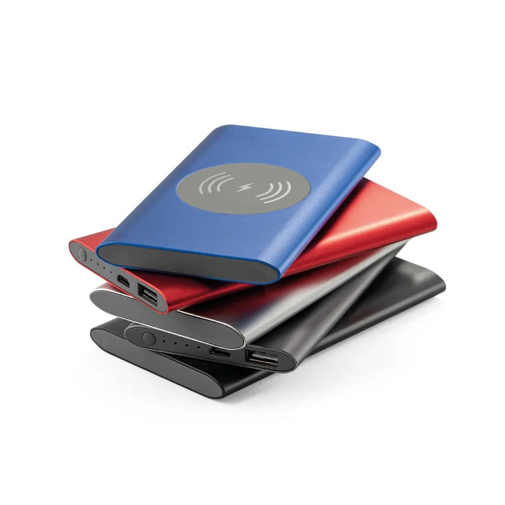 Powerbank 4000 mAh mit 5W wireless Ladegerät aus Recyceltes Aluminium (100 % rAL) - CASSINI - Schwarz