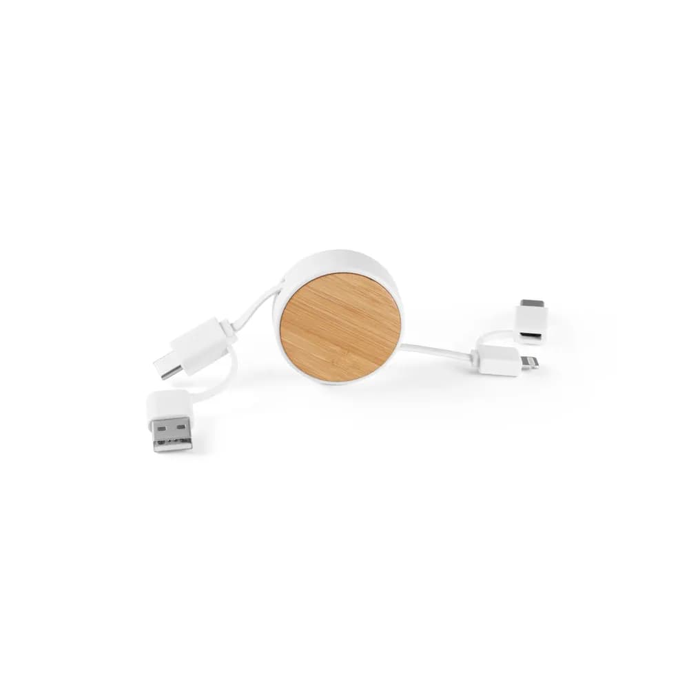 6-in-1-USB-Kabel ausziehbar aus Recyceltes ABS (100% rABS) und Bambus - RUBINS - Weiß