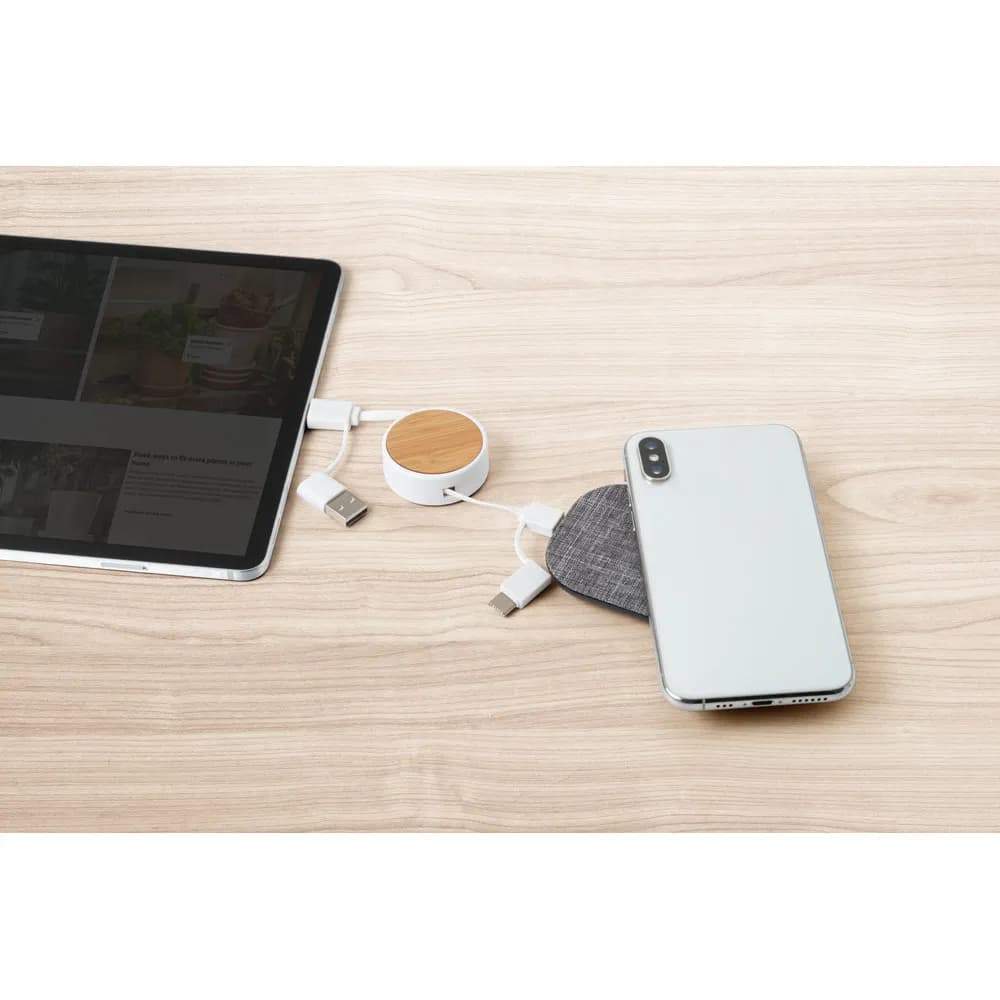 6-in-1-USB-Kabel ausziehbar aus Recyceltes ABS (100% rABS) und Bambus - RUBINS - Schwarz