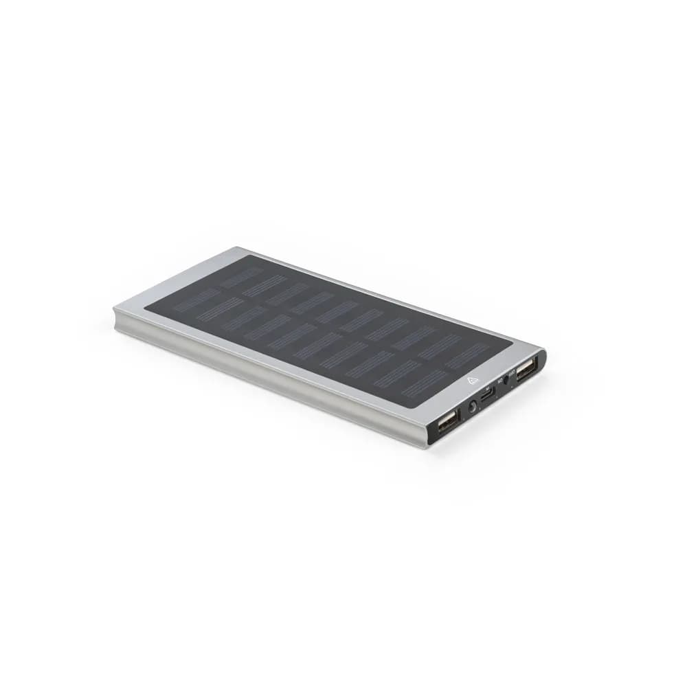 8000 mAh Powerbank mit Solarpanel aus 100% recyceltem Aluminium - CLERK - Satinsilber