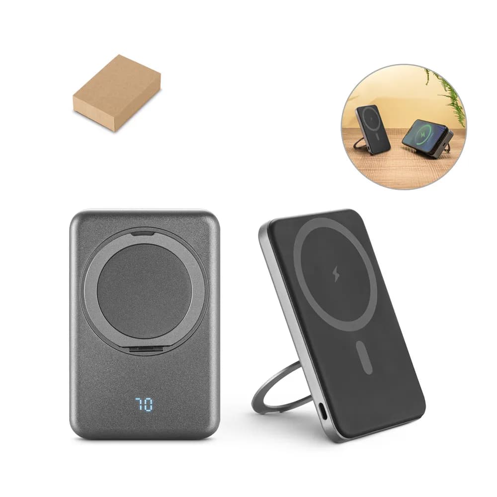 Magnetische Powerbank mit 5000 mAh und superschnellem kabellosem Ladegerät (15 W) aus recyceltem ABS (100% rABS) mit Ständer - WARSHEL 5 - Dunkelgrau