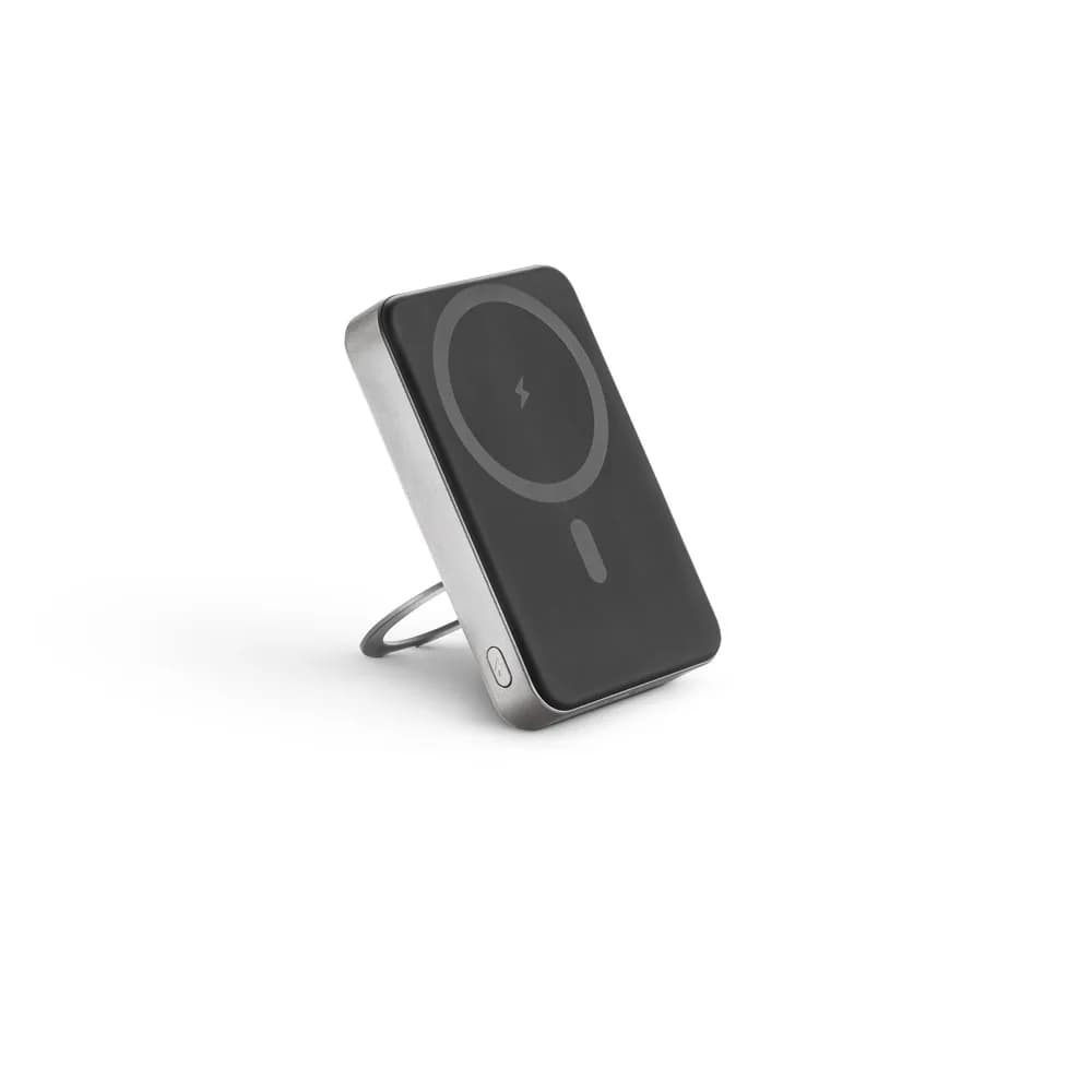 Magnetische Powerbank mit 10000 mAh und superschnellem kabellosem Ladegerät (15 W) aus recyceltem ABS (100% rABS) mit Ständer - WARSHEL 10 - Dunkelgrau