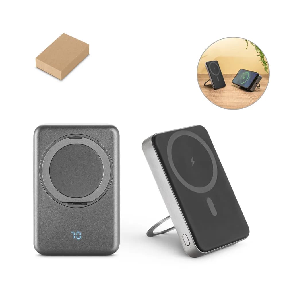 Magnetische Powerbank mit 10000 mAh und superschnellem kabellosem Ladegerät (15 W) aus recyceltem ABS (100% rABS) mit Ständer - WARSHEL 10 - Dunkelgrau