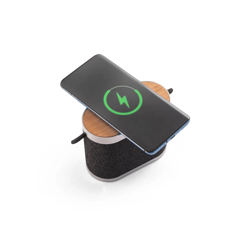 Tragbarer 5W-Lautsprecher mit superschnellem kabellosem 15W-Ladegerät und 2h Akkulaufzeit aus Bambus und Recyceltes PET (100% rPET) - GUETTA - Dunkelgrau