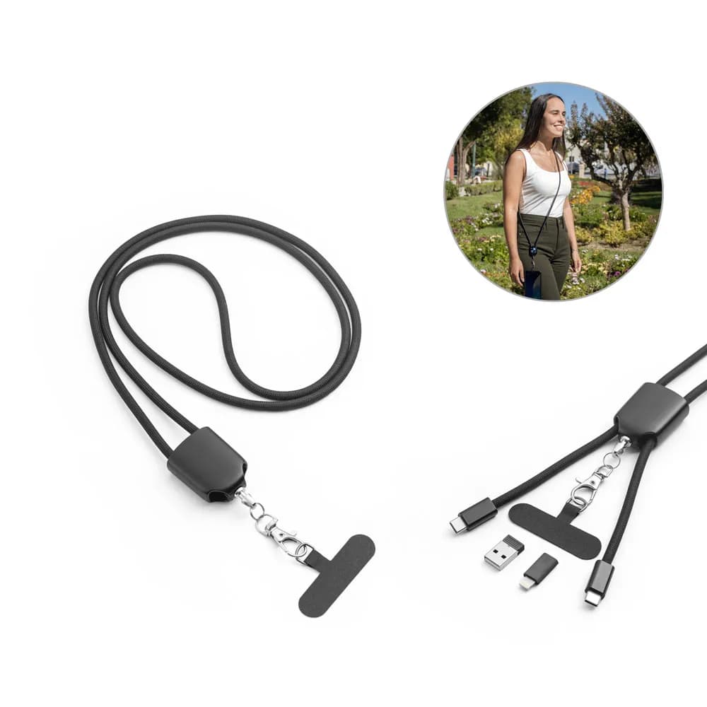 Lanyard mit Smartphone-Halterung, USB-C-Kabel und verschiedenen Adaptern aus recyceltem ABS und recyceltem TPE - ZEWAIL - Schwarz