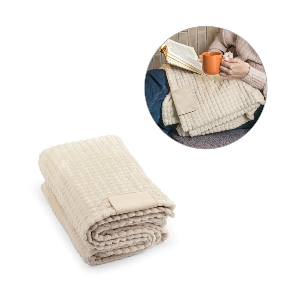 Decke aus recyceltem Polyester (100 % rPET) mit einem Aufnäher zur individuellen Veredelung - CELINE - Beige