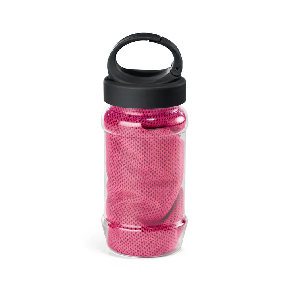 Sporthandtuch aus Polyamid und Polyester mit Flasche (440 mL) aus PP und PET und einem integrierten Karabinerhaken am Deckel - ARTX PLUS - Rosa